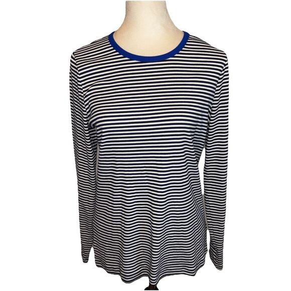 Lands' End Nautical Navy White Stripe Long Sleeve Womens Shirt Lg Coastal Preppy - Picture 1 of 8